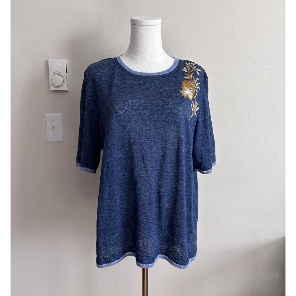Catherine Andre Quiet Luxury Designer Linen Knit Top Blouse Large Blue Summer
